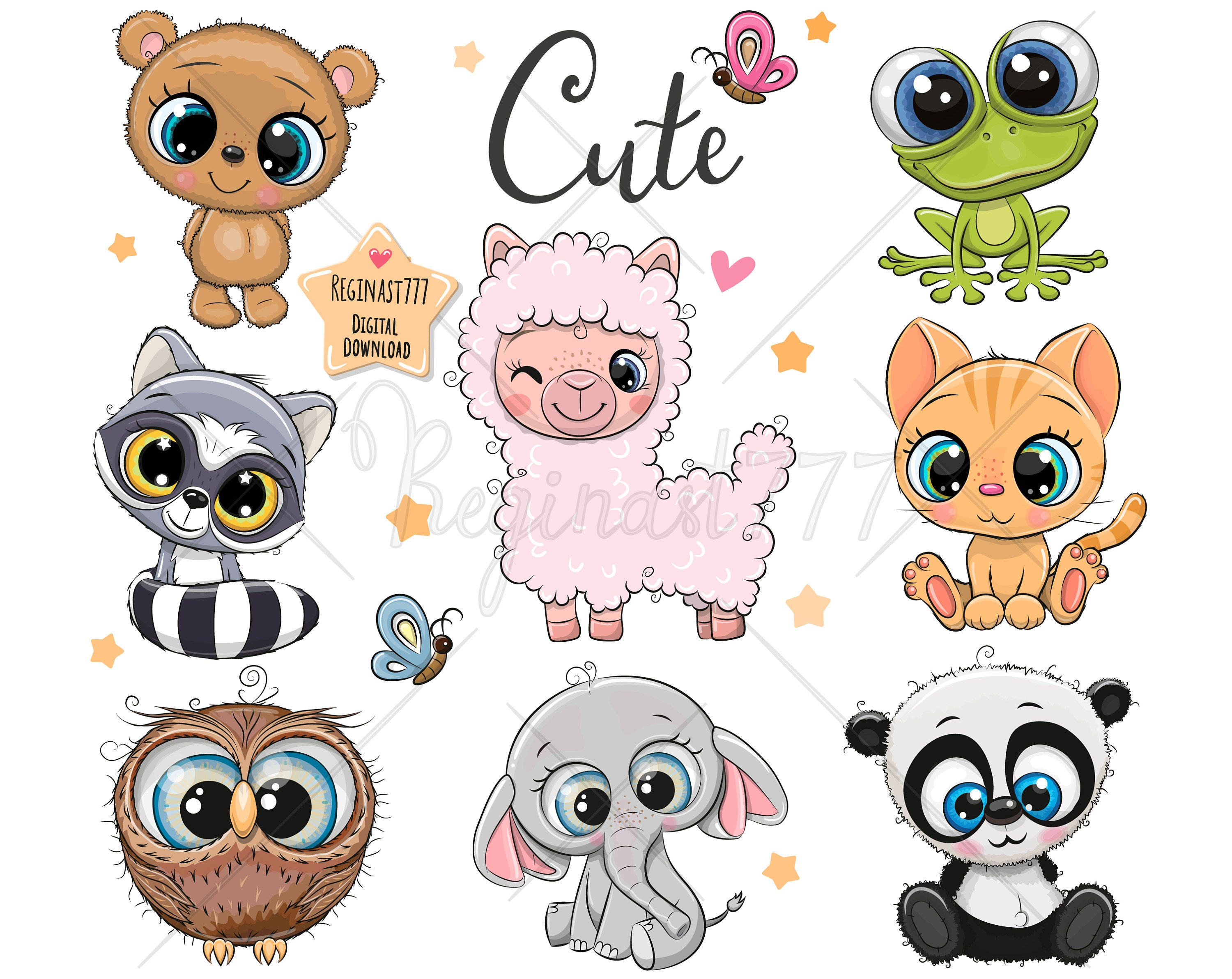 Cute Animals Clip Art Set of 8 Hand Drawn 300 PNG Files Etsy