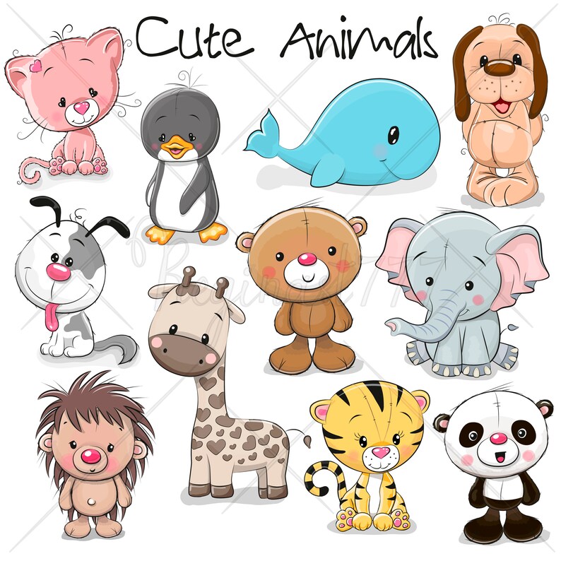 Cute Animals Clip Art Set of 11 Hand Drawn 300 DPI PNG Etsy