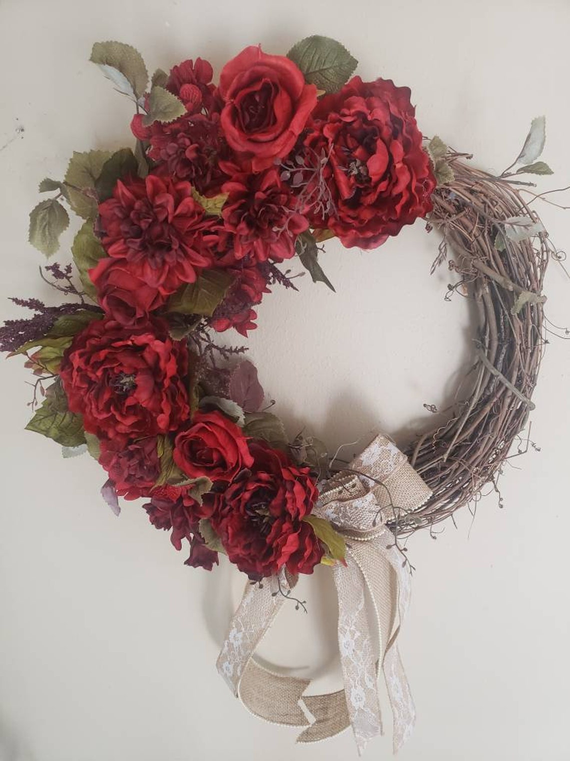 Door Wreath Artificial Red Flowers Etsy