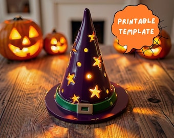 May include: A purple witch hat decoration with cut-out star and circle shapes that emit a warm yellow light. The hat features a green band with a buckle and an orange speech bubble graphic containing the text PRINTABLE TEMPLATE.