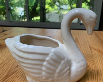 Pair of Vintage Mid Century Ceramic Swan Planters with Gold Flecked Paint on Ivory measuring 6.5 x 4 x 5 ~ Mid Century Modern Decor ~