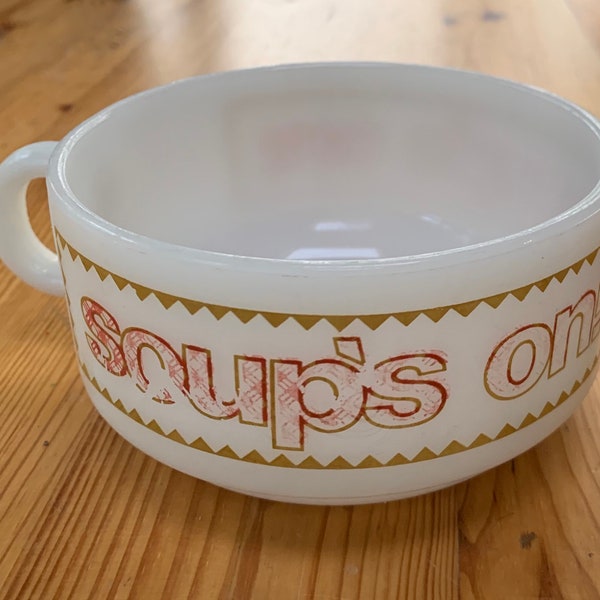 Vintage Glasbake “Soup’s On” Handled Soup Mug