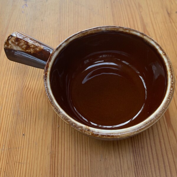 Vintage McCoy Handled Soup Bowl/Crock in Brown and White Drip Style Glaze