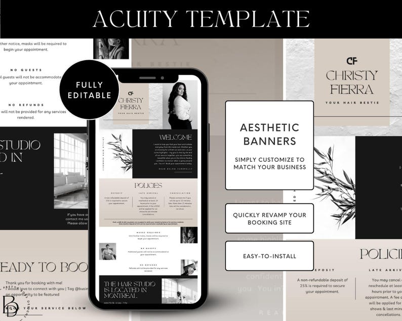 Acuity Scheduling Template Hair Stylist shown in mobile phone.  Same design is also shown behind to the right.