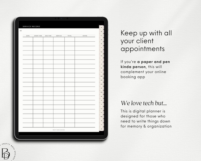 Mockup of iPad showing page from Digital Planner for iPad with service notes
