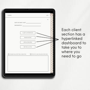 Mockup of iPad showing hyperlinked page from digital lash planner