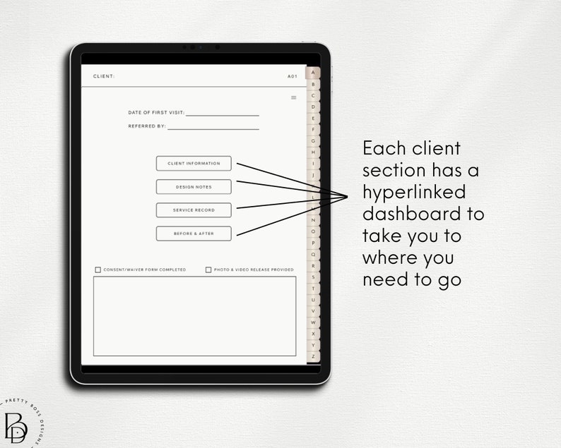 Mockup of iPad showing hyperlinked page from digital lash planner