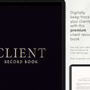 Two iPads with screenshots from Lash Tech Digital Planner.  Larger with gold text.