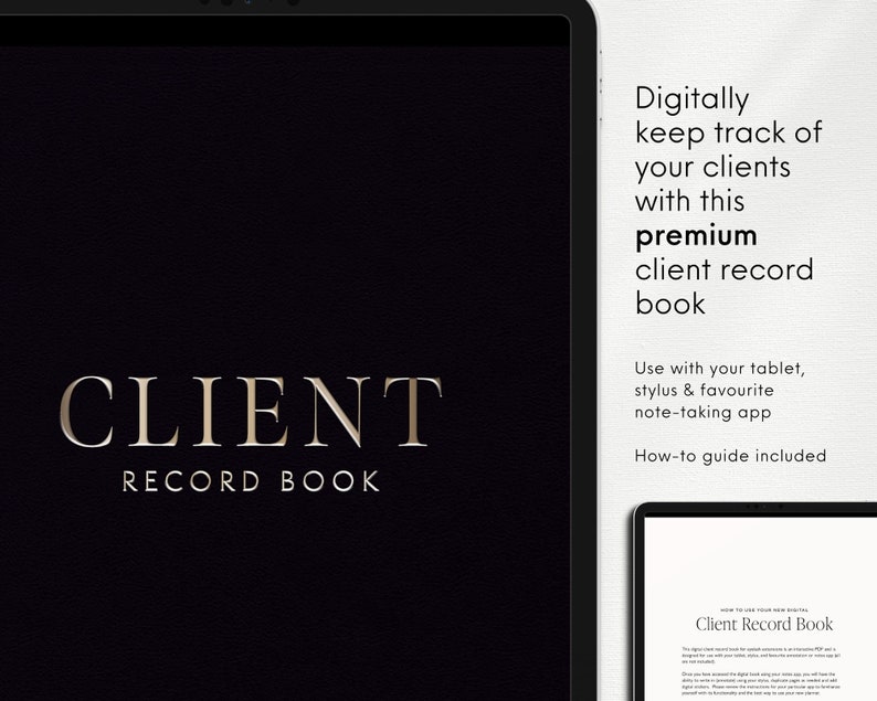 Two iPads with screenshots from Lash Tech Digital Planner.  Larger with gold text.
