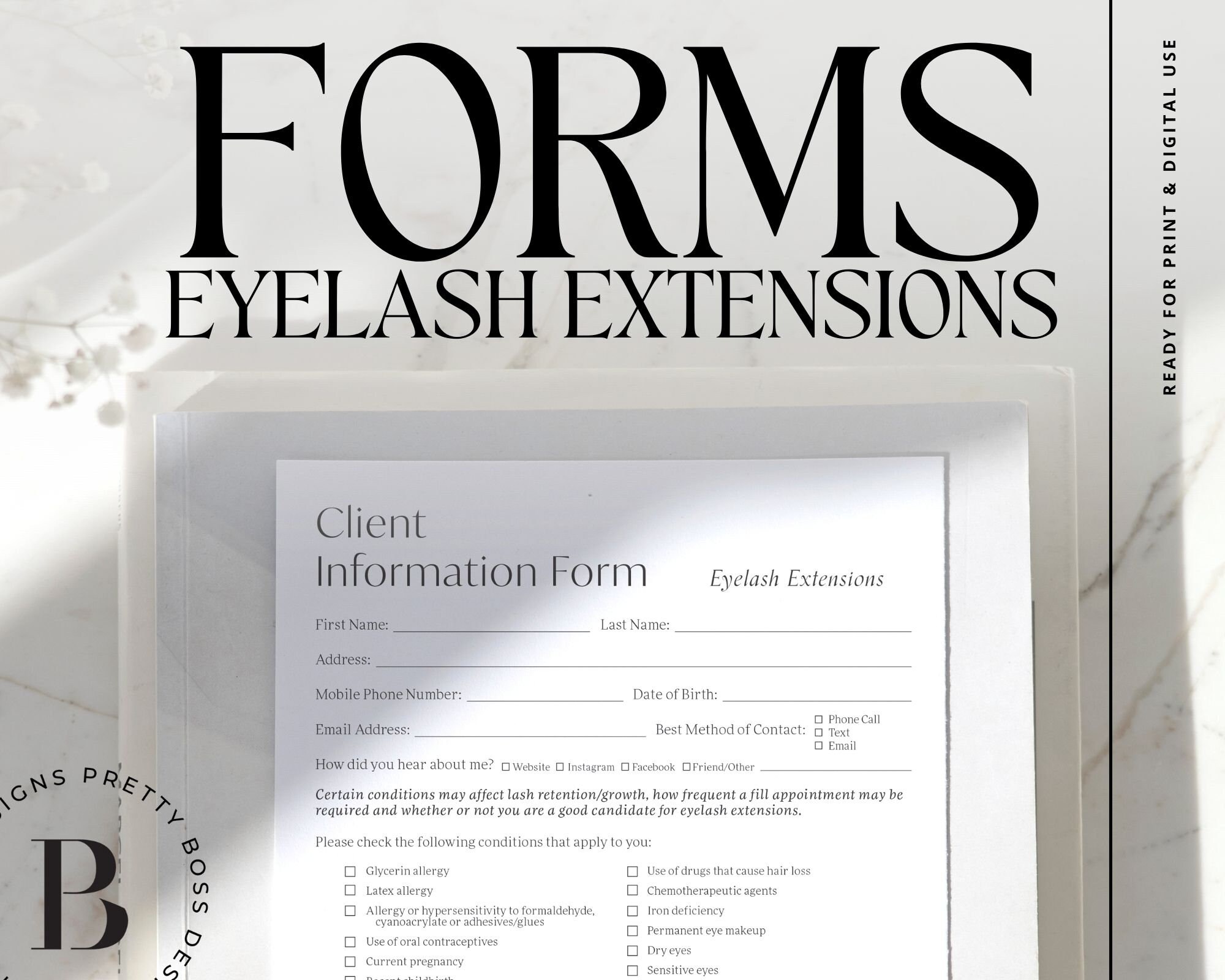 Stationery Lash Waiver for Lash Technician Esthetician Client Record DIGITAL DOWNLOAD Lash