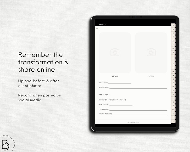 Mockup of iPad showing page from  Client Record Book for eyelash extensions