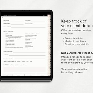 Mockup of iPad showing page from Client Tracker Templates for Business Beauty
