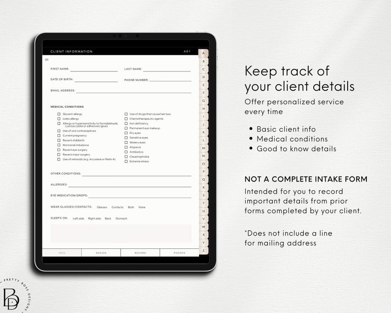 Mockup of iPad showing page from Client Tracker Templates for Business Beauty
