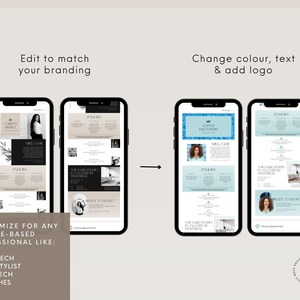 Four mobile phone mockups of the  Booking Site Template Design Canva Editable.  The original design is shown in the first two phones.  An arrow points to the other two mobile phones with an edited version of the template.