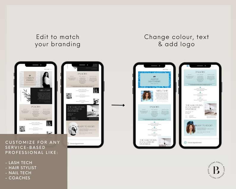 Four mobile phone mockups of the  Booking Site Template Design Canva Editable.  The original design is shown in the first two phones.  An arrow points to the other two mobile phones with an edited version of the template.