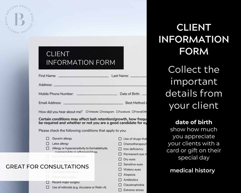 Stationery Lash Waiver for Lash Technician Esthetician Client Record DIGITAL DOWNLOAD Lash