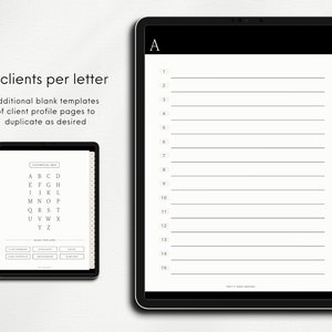 Mockup of two iPads, one larger to the right, showing pages from the digital client record book