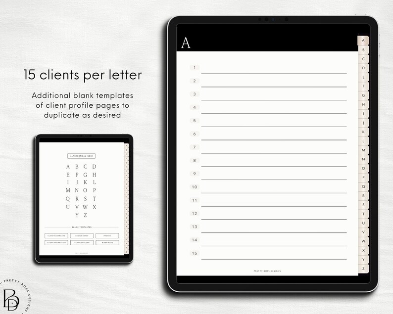 Mockup of two iPads, one larger to the right, showing pages from the digital client record book