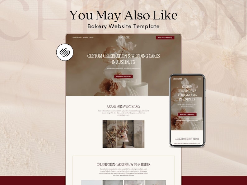 Bakery website template showcasing a sophisticated cake design.