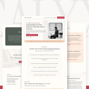 以下が含まれることがあります： Lily's Virtual Studioのウェブサイトレイアウト。白い背景に赤のアクセントが特徴です。ページには「Stop Spending Your Best Hours On Work That Doesn't Need You」や「Founders Who Are Done Doing Everything Themselves」といったテキスト見出しが含まれています。