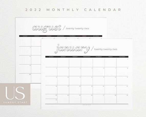2022 printable calendar blank monthly sunday start us letter etsy
