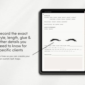 Mockup of iPad showing page from Business Beauty Client Tracker Lash Mapping pages
