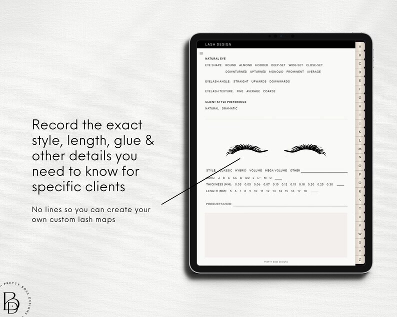 Mockup of iPad showing page from Business Beauty Client Tracker Lash Mapping pages