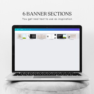 Laptop on top of a cushioned stool showing the Canva Editable Brand Kit pages of the template.
