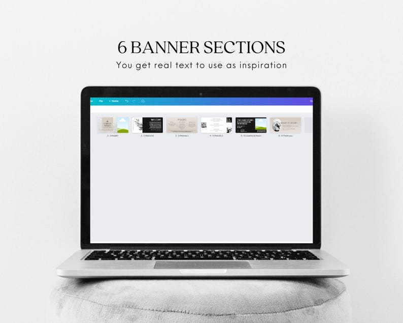 Laptop on top of a cushioned stool showing the Canva Editable Brand Kit pages of the template.