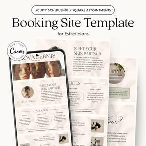 Puede incluir: Plantilla de sitio de reserva para esteticistas con el texto "Booking Site Template for Estheticians". La plantilla incluye una maqueta de teléfono con el texto "Nova Dermis" y "Meet Your Skin Partner". El diseño es ligero y aireado.
