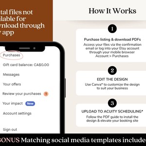 Puede incluir: Una captura de pantalla de la aplicaci&oacute;n Etsy que muestra los pasos para comprar y personalizar un dise&ntilde;o digital. Los pasos incluyen comprar la lista, editar el dise&ntilde;o usando Canva y cargar el dise&ntilde;o en Acuity Scheduling. La imagen tambi&eacute;n incluye un bono de plantillas de redes sociales coincidentes.