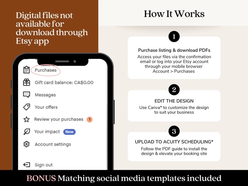 Puede incluir: Una captura de pantalla de la aplicaci&oacute;n Etsy que muestra los pasos para comprar y personalizar un dise&ntilde;o digital. Los pasos incluyen comprar la lista, editar el dise&ntilde;o usando Canva y cargar el dise&ntilde;o en Acuity Scheduling. La imagen tambi&eacute;n incluye un bono de plantillas de redes sociales coincidentes.