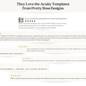 Puede incluir: Capturas de pantalla de comentarios positivos de clientes para una plantilla de sitio web para peluqueros. Las rese&ntilde;as destacan la facilidad de uso, la calidad y el servicio al cliente. El texto incluye frases como "f&aacute;cil de editar", "sensaci&oacute;n de lujo", "elegante y elegante" y "todo lo que necesitaba".