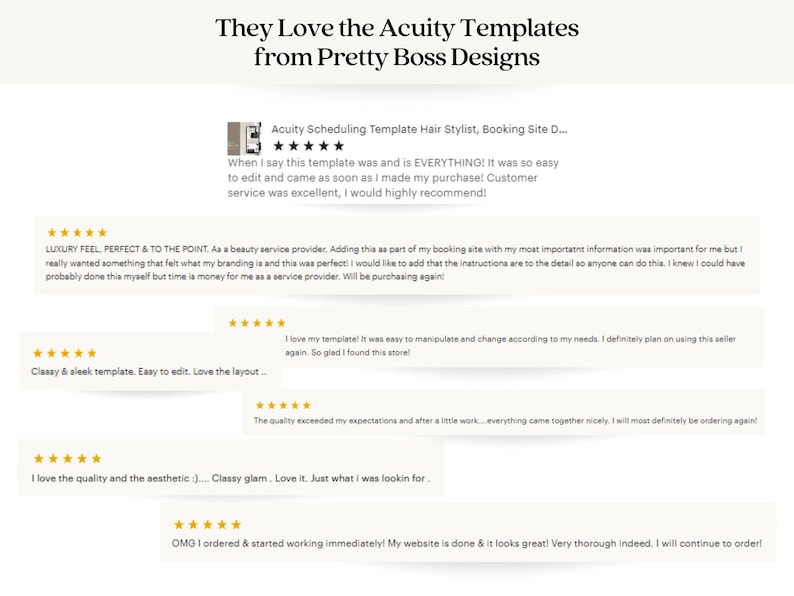 Puede incluir: Capturas de pantalla de comentarios positivos de clientes para una plantilla de sitio web para peluqueros. Las rese&ntilde;as destacan la facilidad de uso, la calidad y el servicio al cliente. El texto incluye frases como "f&aacute;cil de editar", "sensaci&oacute;n de lujo", "elegante y elegante" y "todo lo que necesitaba".