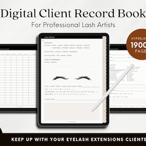 Three iPads with screenshots from dDigital Client Record Book Lash Tech.  Apple pencil and rose gold seal.