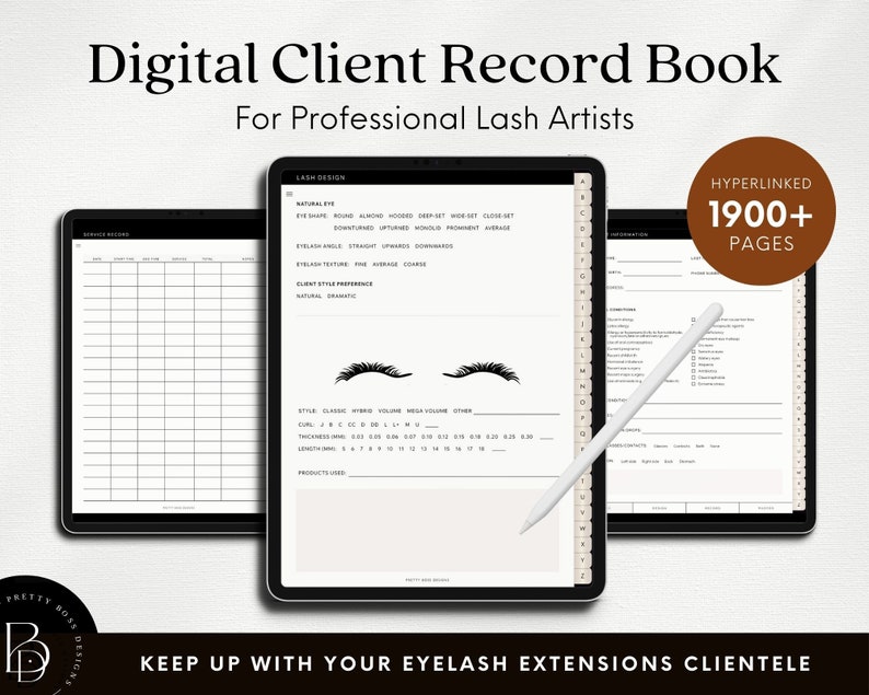 Three iPads with screenshots from dDigital Client Record Book Lash Tech.  Apple pencil and rose gold seal.
