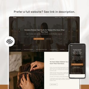 Squarespace website template preview for a hair salon displayed on desktop and mobile. A person styles hair in the foreground, conveying elegance and professionalism.