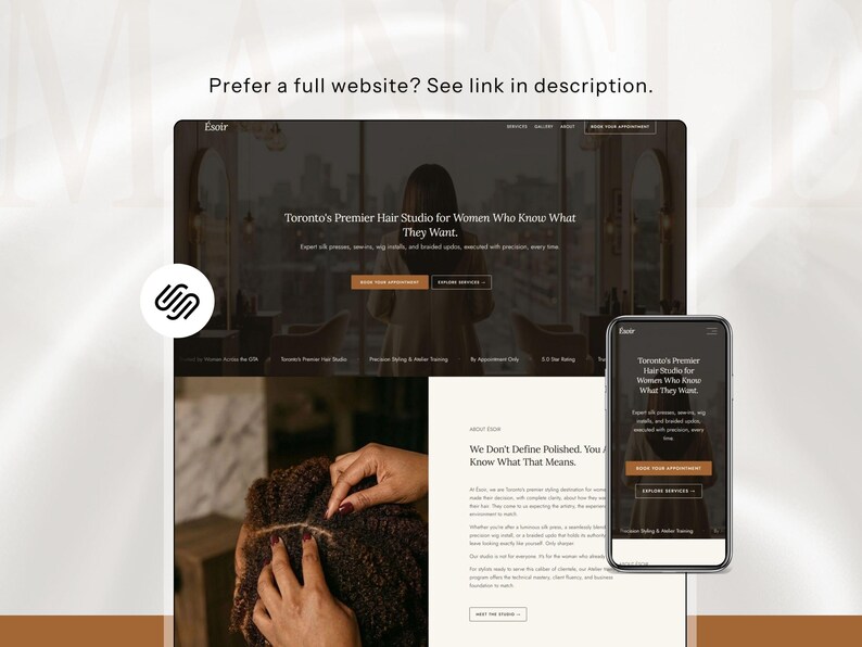 Squarespace website template preview for a hair salon displayed on desktop and mobile. A person styles hair in the foreground, conveying elegance and professionalism.