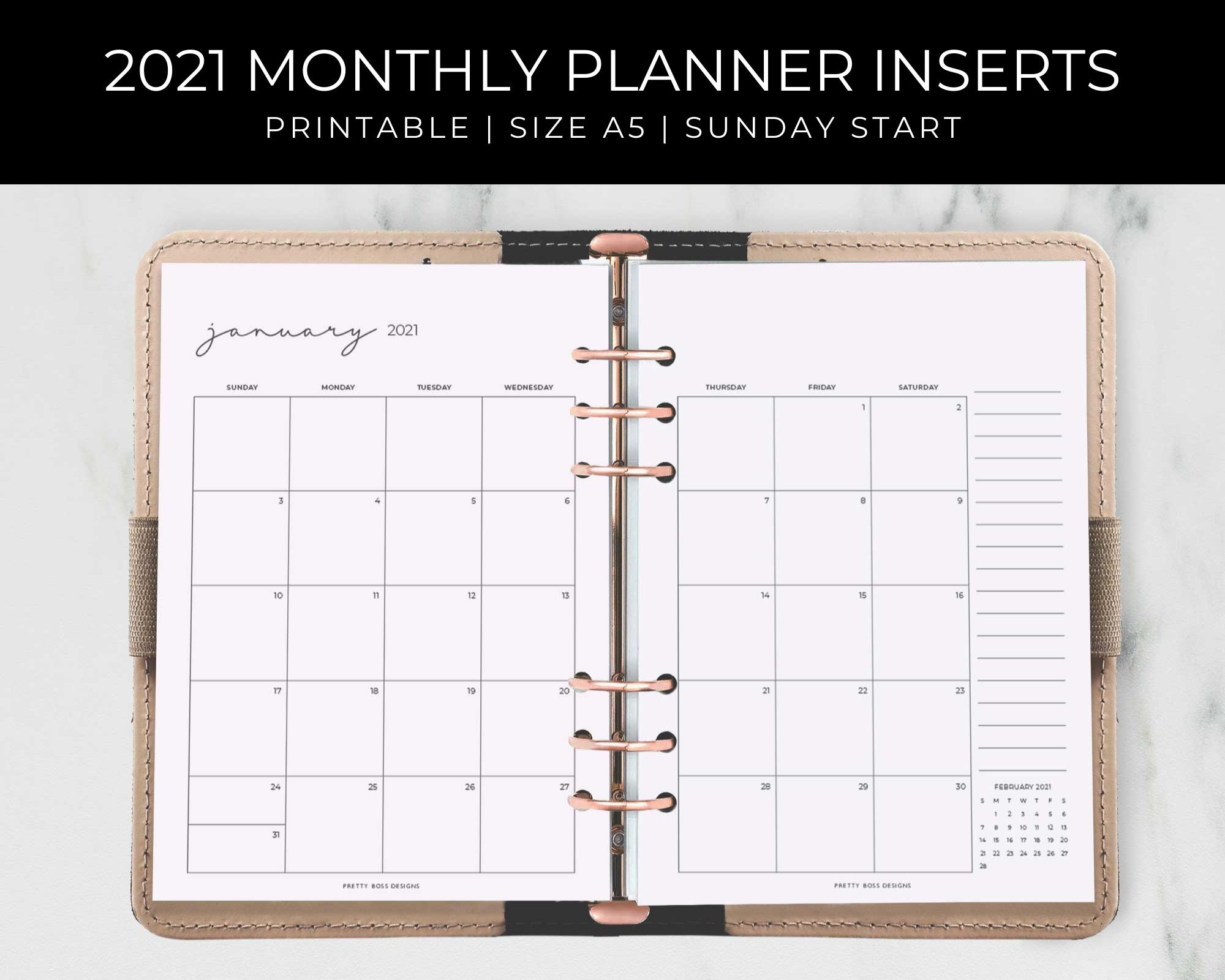 2021 monthly a5 planner inserts printable month on two pages