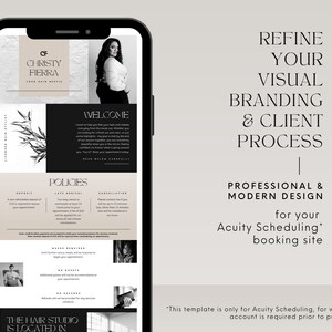Hair Stylist Booking Site Template shown in a mobile phone. Text reads: Refine your visual client process, professional and modern design for your Acuity Scheduling booking site.
