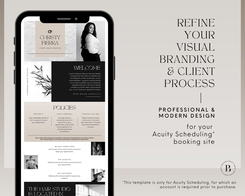 Hair Stylist Booking Site Template shown in a mobile phone. Text reads: Refine your visual client process, professional and modern design for your Acuity Scheduling booking site.
