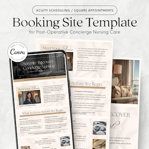 May include: A digital mockup of a booking site template for post-operative concierge nursing care. The design includes the text "Booking Site Template" and "Serenity Recovery Concierge Nursing". The template is fully editable with Canva.