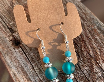 Turquoise bead earrings, blue bead dangle earrings, silver earrings, jewelry gift