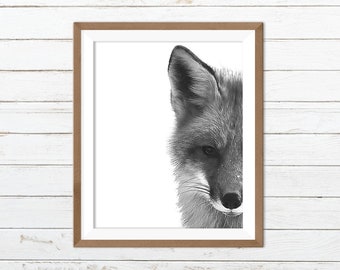 Black and white fox print, forest printable, fox printable