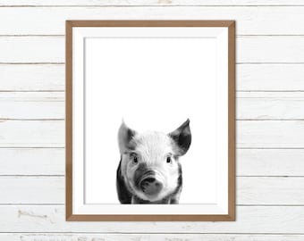 Black and white pig print, pig printable, nursery pig wall art