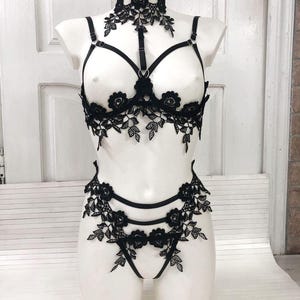 Jarretel-set met open cups - zwart