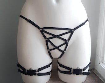 Black Elastic Cage Panty with Leg Garters