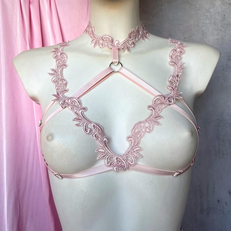 Cupless lingerie Open cup bra Bridal Body harness - BLOOM White harness strappy lingerie. Honeymoon lingerie Plus size harness Cage bras
