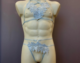 Blue Lace Floral Femboy Gay Harness: Erotic Sissy Lingerie, Plus Size bondage set