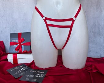 Red Strappy Thong - Handmade Lingerie
